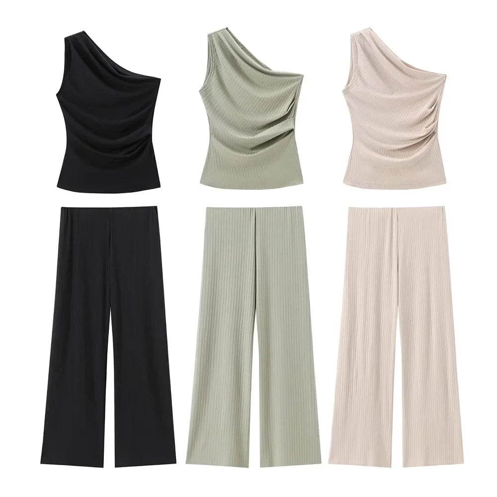 Women's Asymmetric Collar Sleeveless Slim Fit Top and Wide Leg Pants Set for Elegant Casual Style