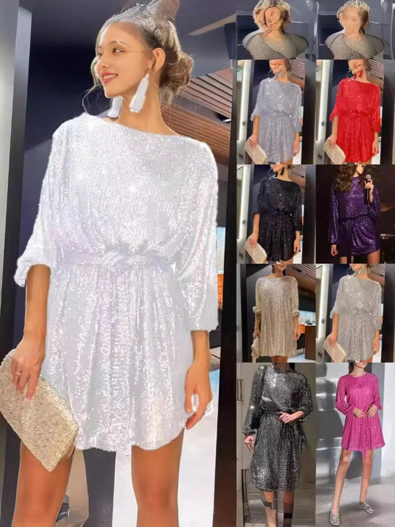 Sequin Dress Pearl Waistline Evening Cocktail Dress