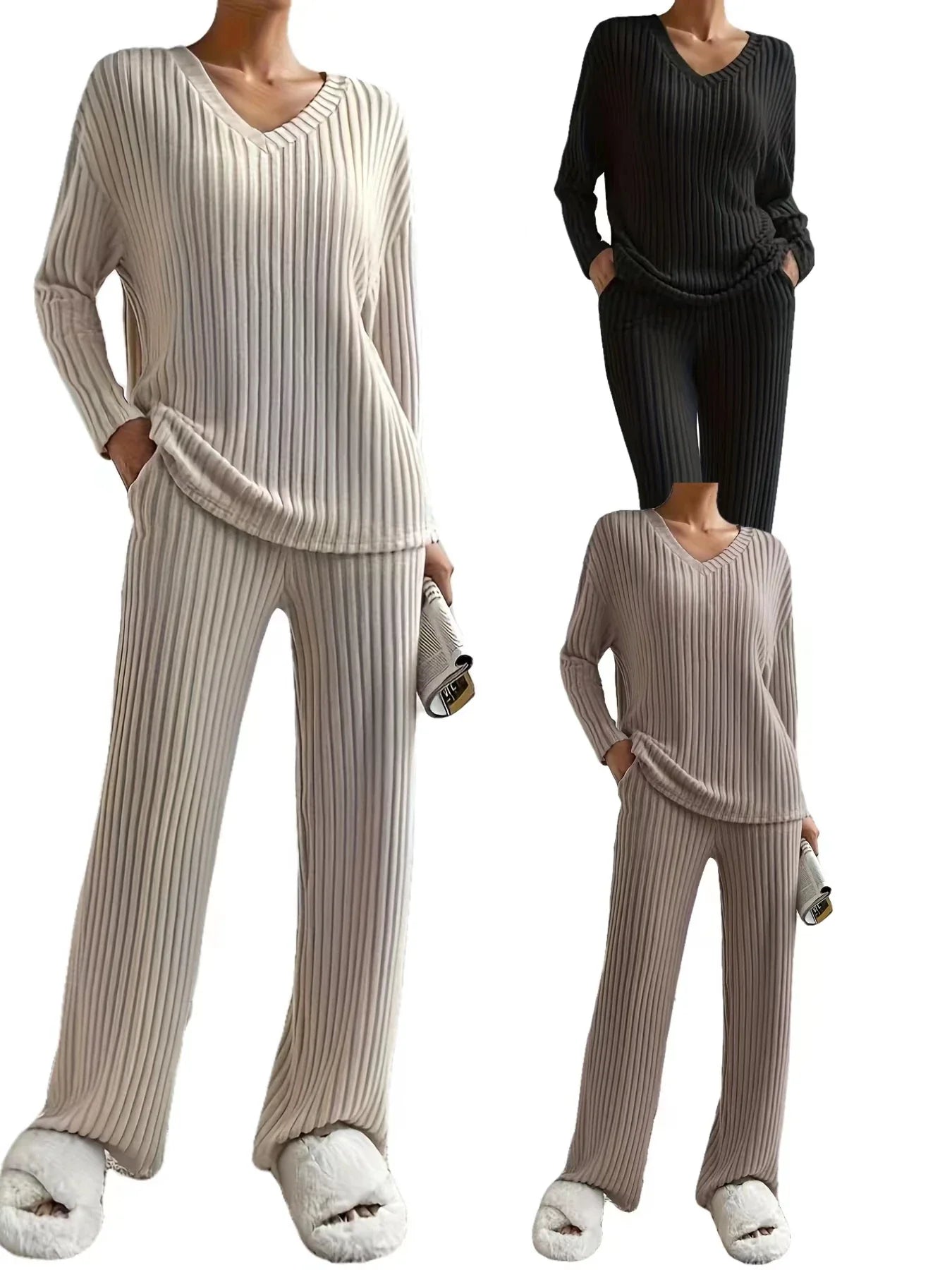 Autumn Winter Loose Casual V Neck Striped Knitted Two-Piece Set with Long Sleeve Top and Straight Tube Pants