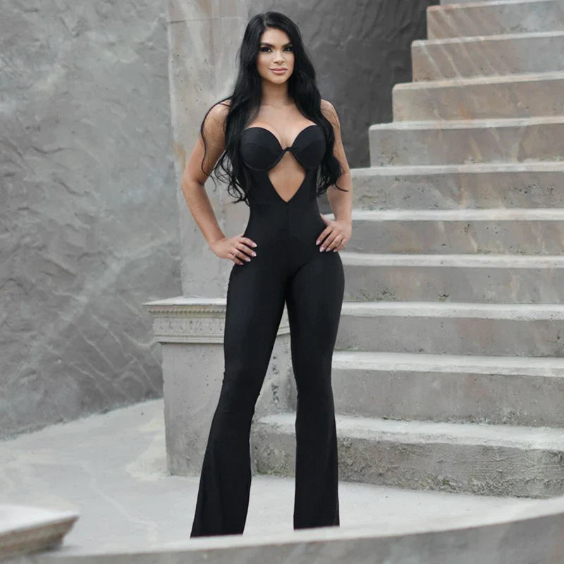 V-Neck Strapless Hollow Out One-Piece Jumpsuit Tight Fit Sporty Fitness Bodysuit for Buttock and Abdomen Lifting