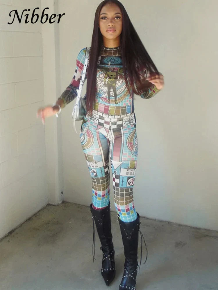 Colorful Pixel Print Mesh Women Two Piece Tracksuit Set with Full Sleeve Crop Top and Stretch Leggings Matching Streetwear Outfit