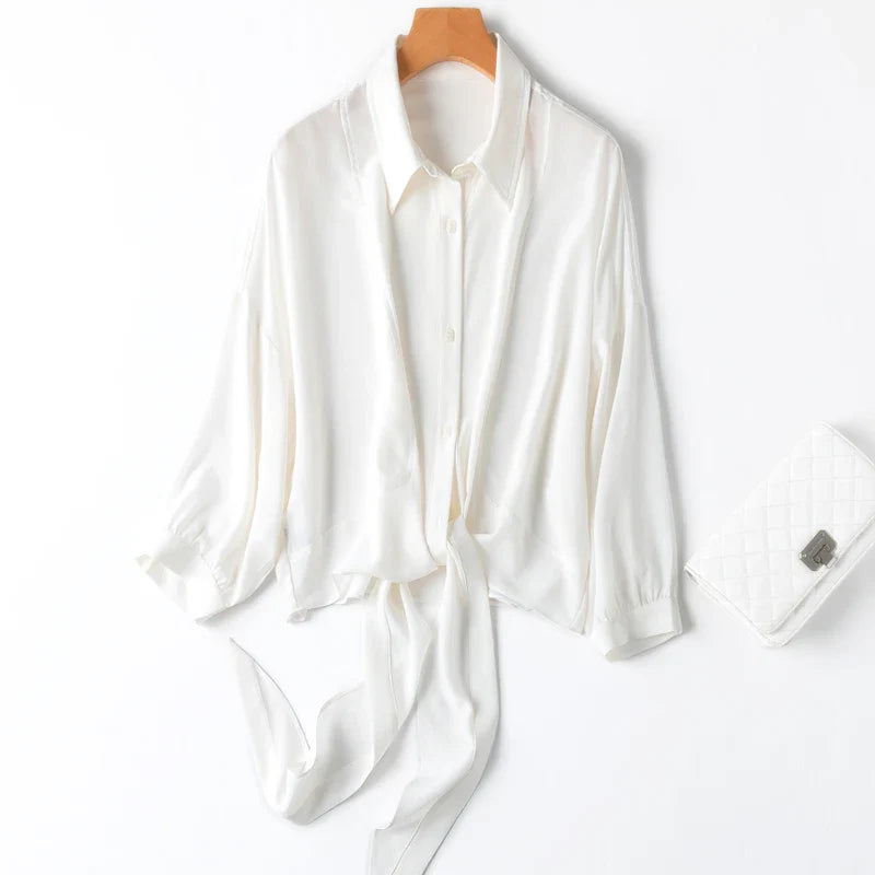 Women 100 Percent Mulberry Crepe Silk White Blouse Lantern Sleeves Bow-Tie Hem Loose Fit Office Top