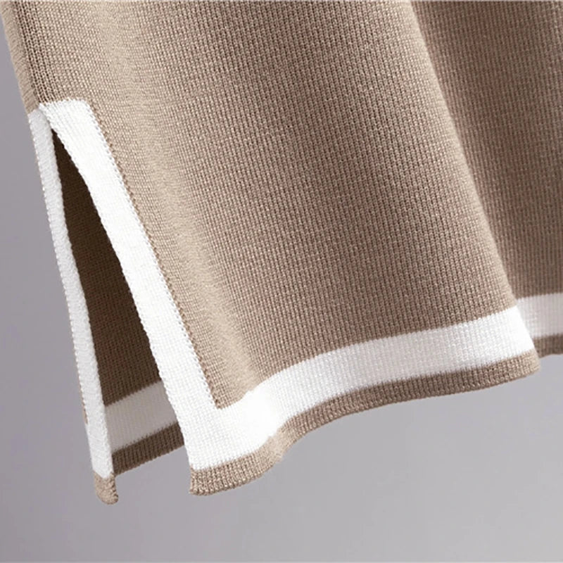 Spring Women Knitted Sweater Set Casual Pullover and Pant Outfit with Color Contrast Block Design