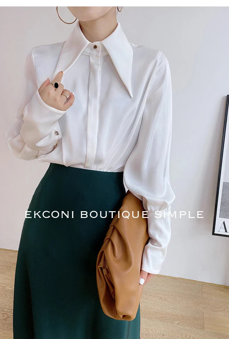 Elegant Turn Down Collar Satin Silk Blouse Vintage Button Closure White Lantern Sleeve Office Lady Shirt Chic Feminine Top