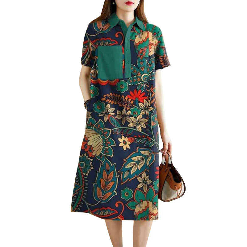 Bohemian Floral Shirt Dress For Women Vintage Short Sleeve