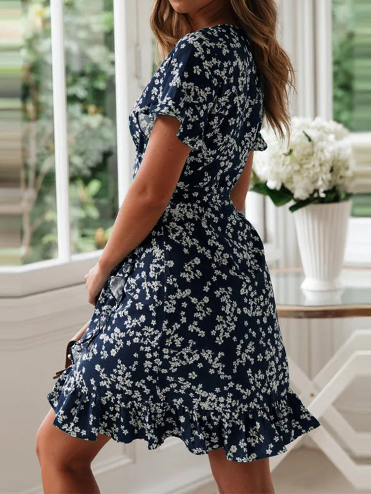 Boho Floral Sundress With Ruffles V Neck Chiffon Mini Dress