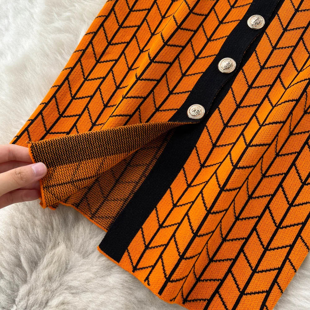 Autumn Plaid Knit Dress Women V Neck Elastic Waist Midi