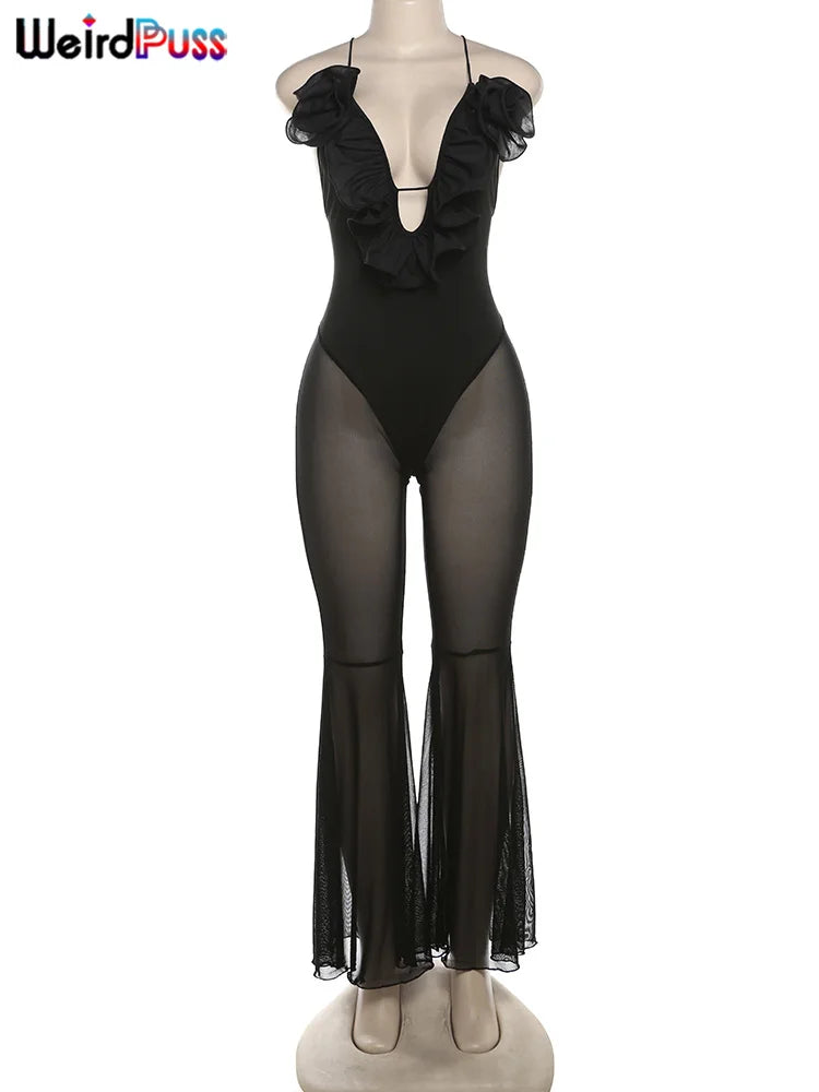 Weird Puss Blossoms Deep V-Neck Sleeveless Backless Jumpsuit for Women with Elastic Mesh Patchwork Skinny Stretch Flare Overalls