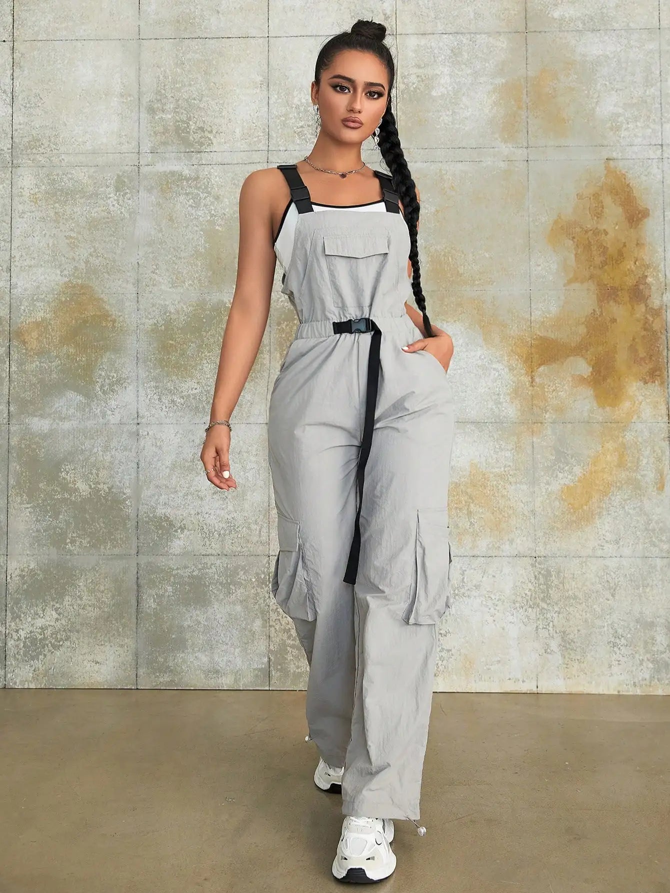 Grey Parachute Cargo Jumpsuit With Belt And Flap Pockets