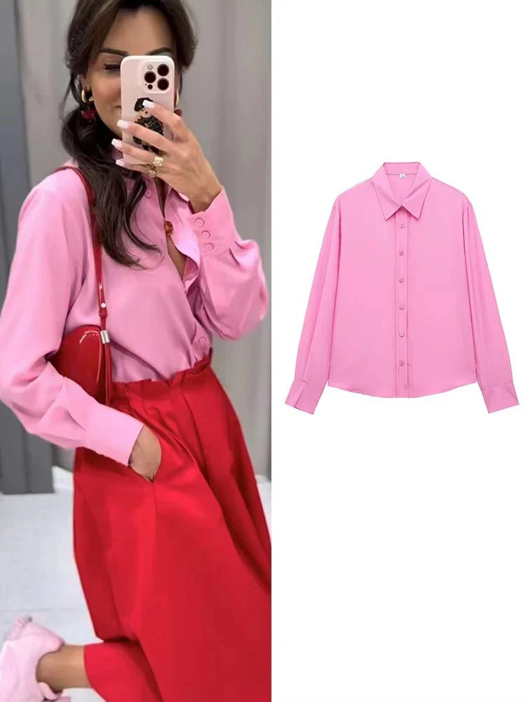 Fashionable Women Single Breasted Long Sleeve Shirt Button Up Blouse Casual Streetwear Top for Spring and Summer
