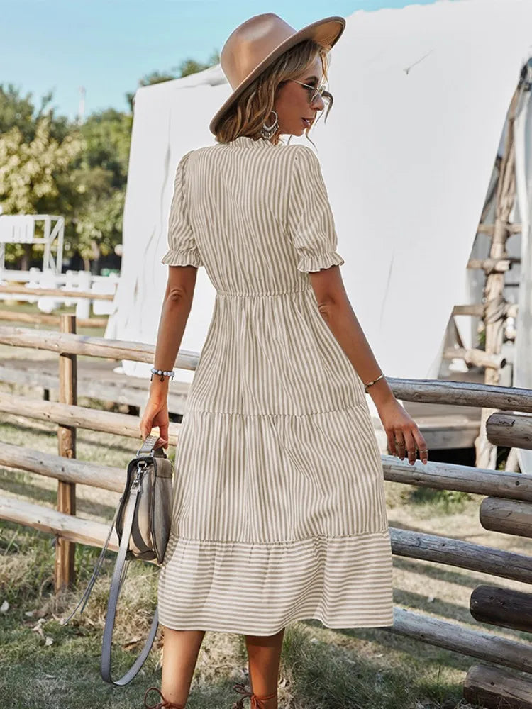 Striped Lantern Sleeve Midi Dress With V Neck Ruffles