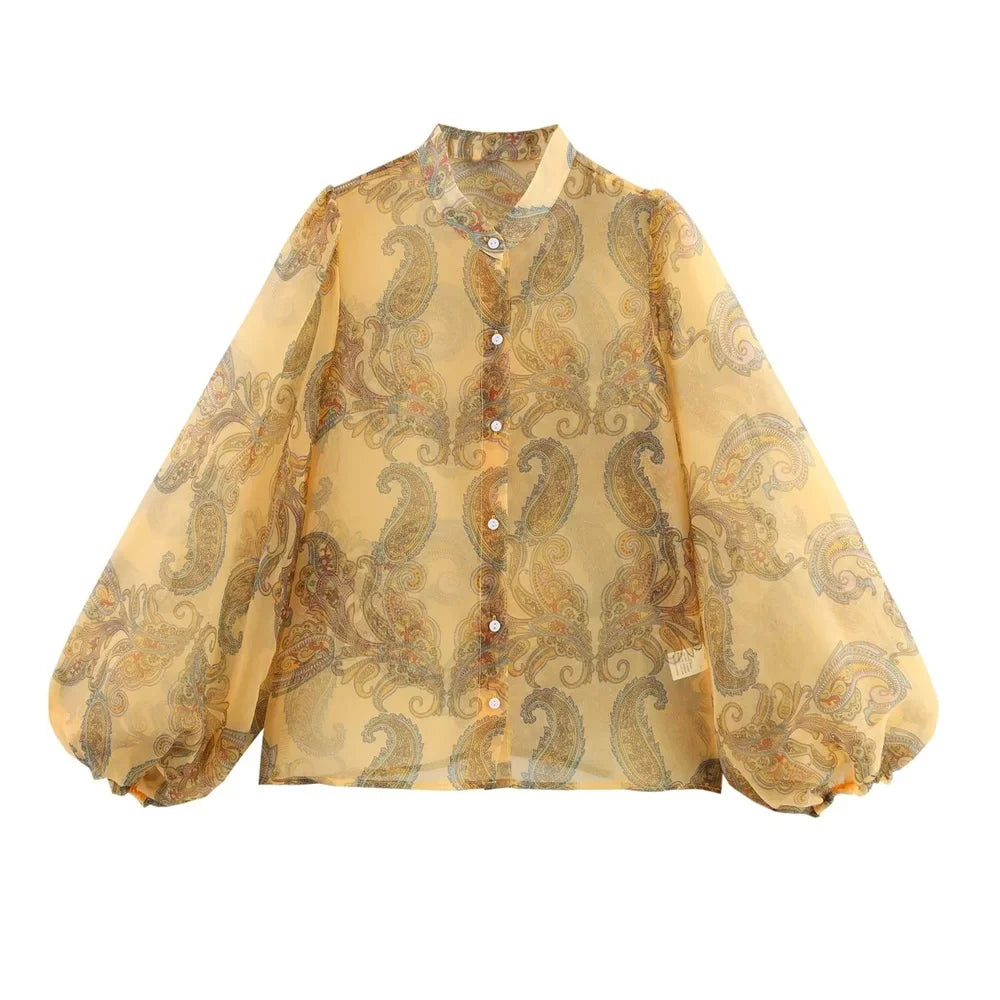 Womens Sheer Chiffon Blouse with High Neckline Puff Long Sleeves and Paisley Print Button Front Design