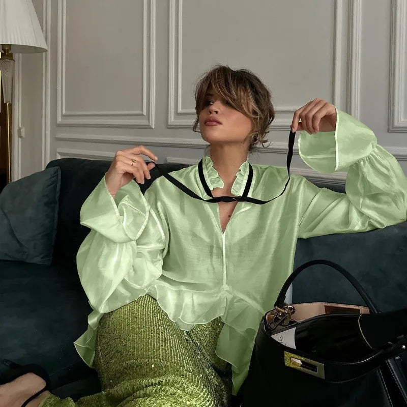 Sexy Loose White Women's Shirt With Ruffles Long Sleeve Sheer Elegant Blouse Stylish Transparent Top
