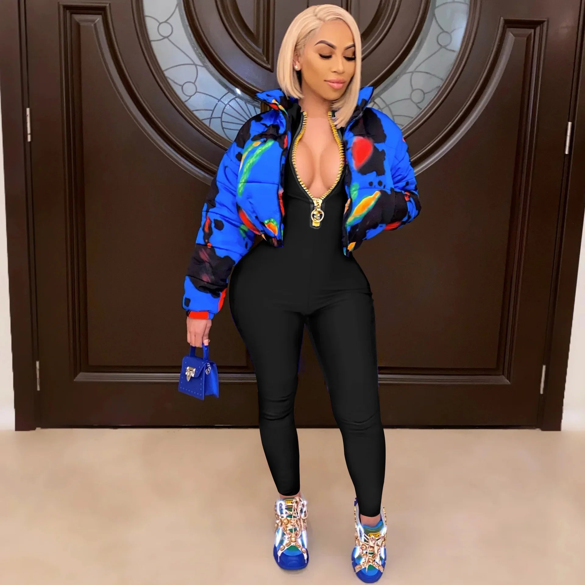 Women's Bodycon One-Piece Jumpsuit with Long Sleeves and Large Front Zipper Casual Sporty Skinny Workout Overalls Top