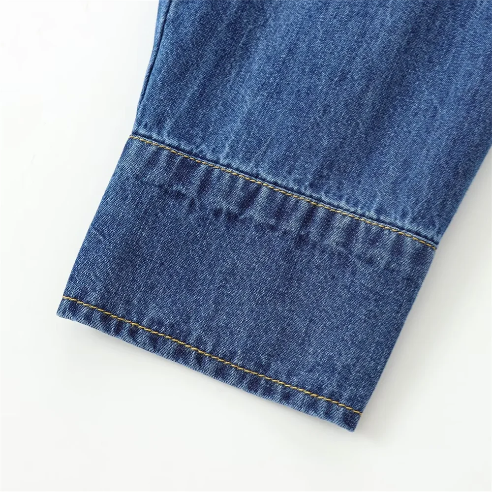 Women's Long Sleeve Cotton Cowboy Shirt with Round Collar Casual Versatile Autumn Top