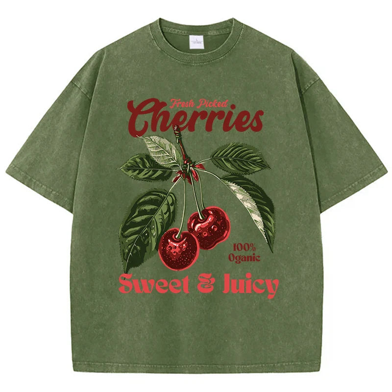 Fresh Picked Cherries Cotton T Shirt for Women with Distressed Oversized O Neck and Sweet Fruit Print Perfect for Casual Wear and Daily Life