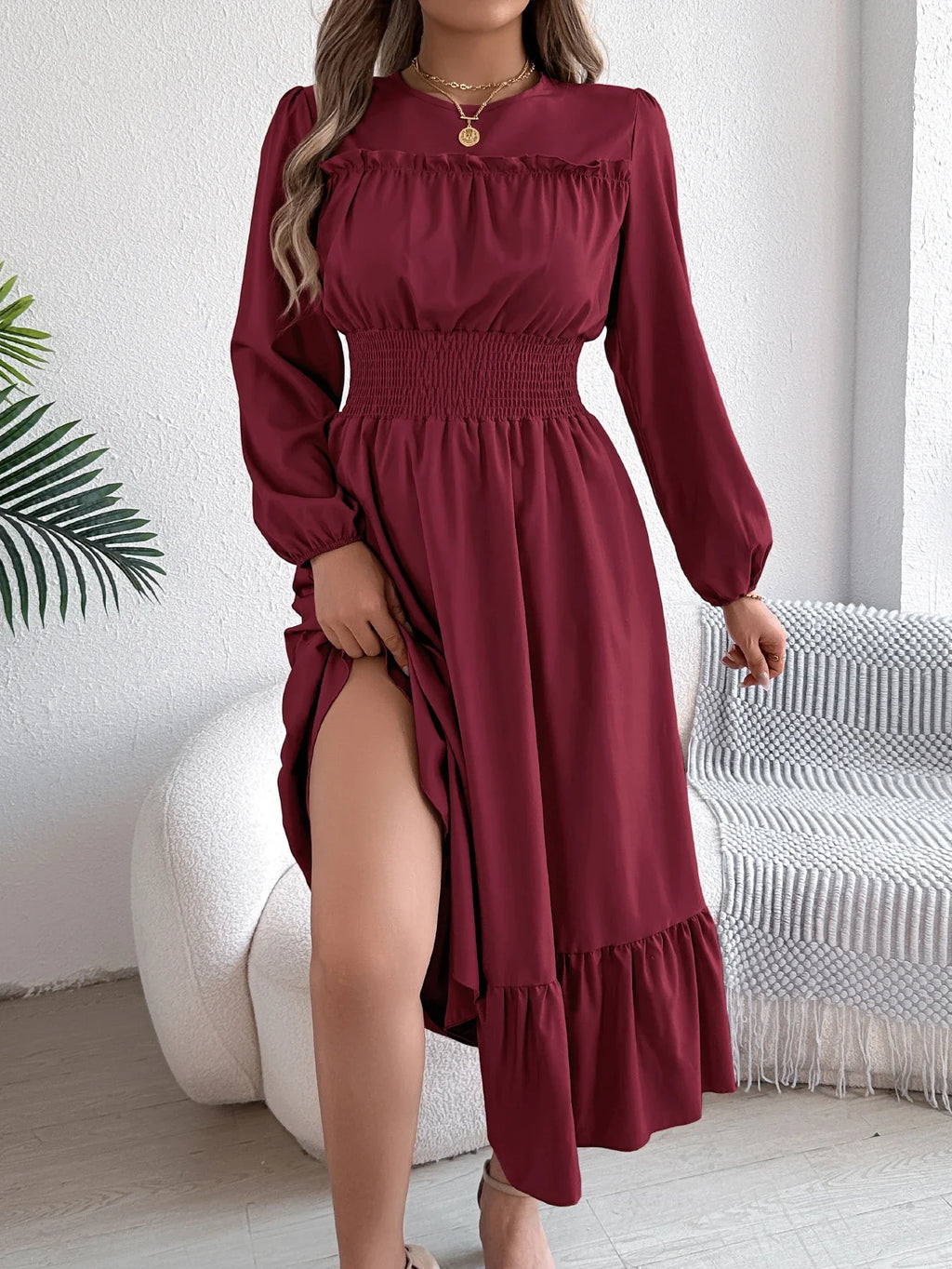 Elegant Long Sleeve Dress With Cinched Waist Solid Color