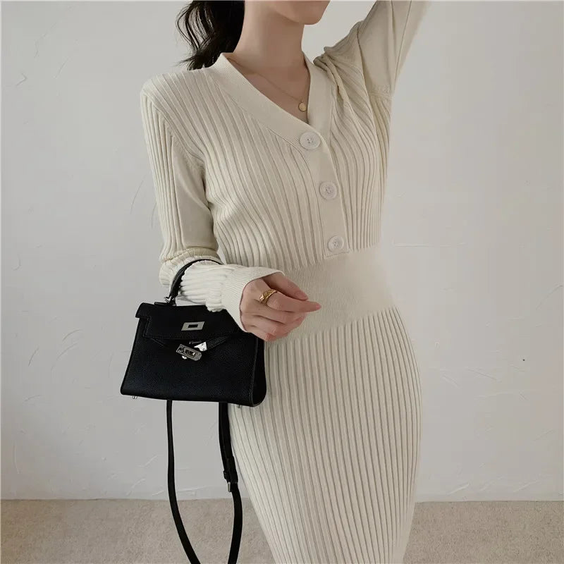 Knit V Neck Women Sweater Dress Long Sleeve Bodycon Office