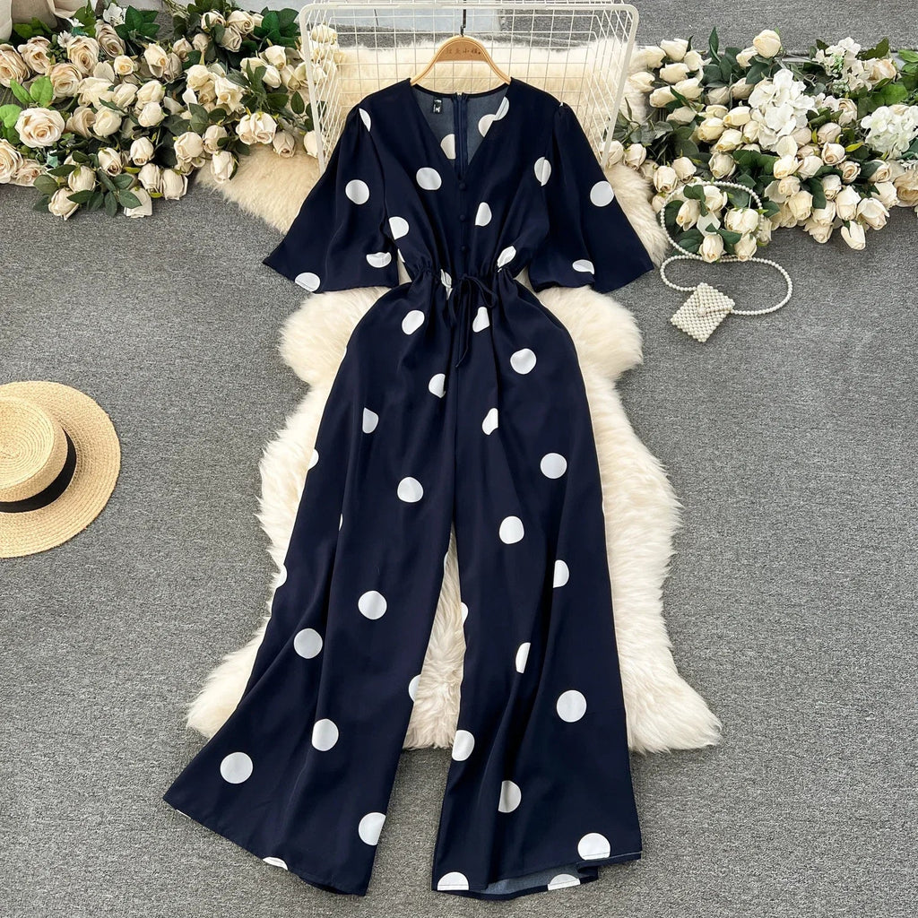 Women Wide Leg Polka Dot Jumpsuit with V Neck Dolman Sleeves and Slim Waist Design