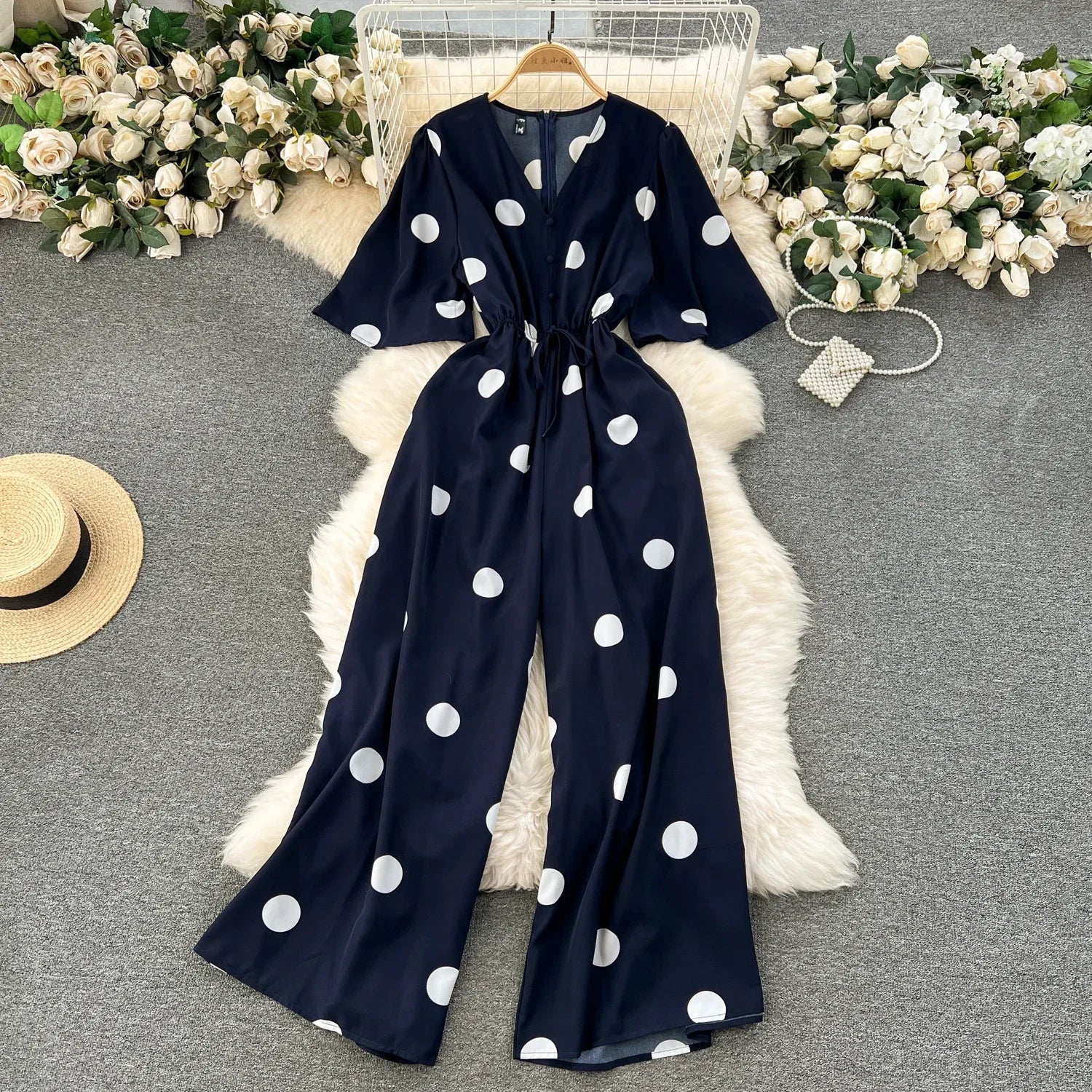Women Wide Leg Polka Dot Jumpsuit with V Neck Dolman Sleeves and Slim Waist Design