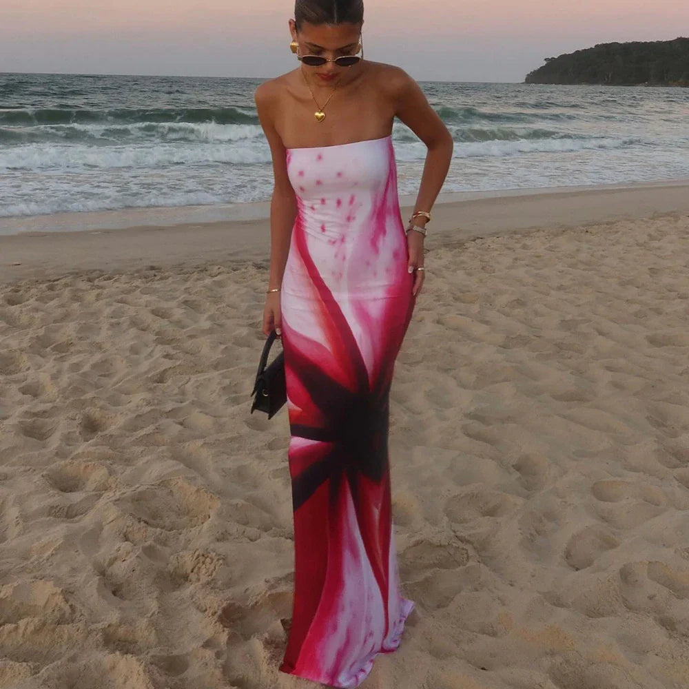 Patchwork Strapless Maxi Beach Dress With Printed Pattern