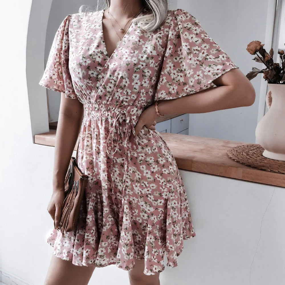 Summer Floral Dress With Bubble Sleeves V Neck A Line
