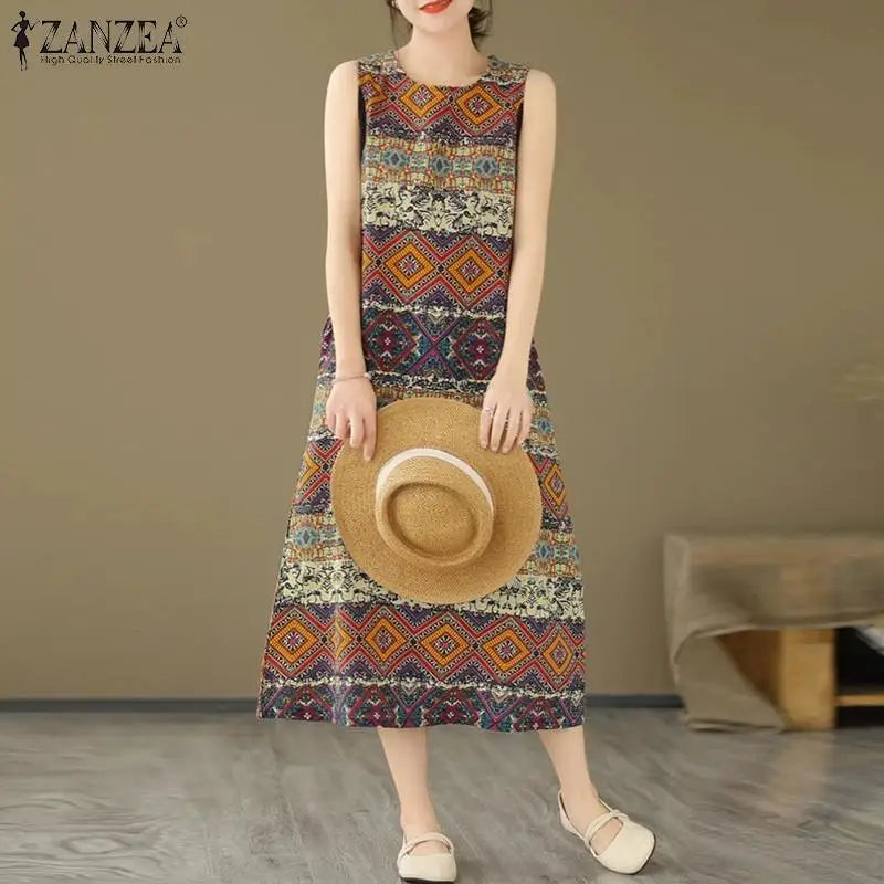 Bohemian Floral Print Sleeveless Midi Dress For Summer
