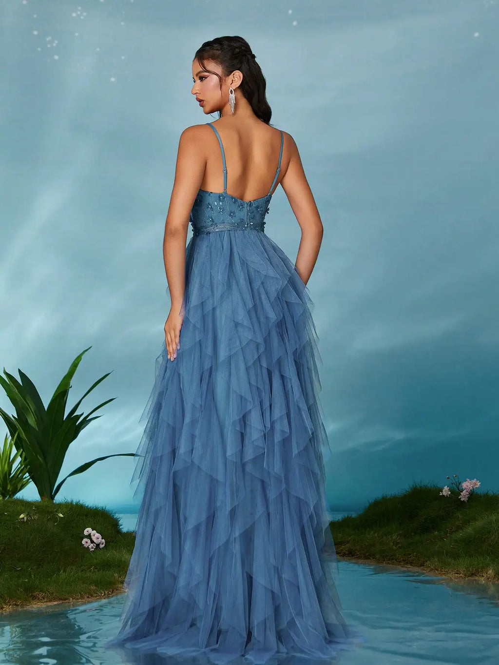 V Neck Embroidered Mesh Lotus Skirt With Wide Slit Design