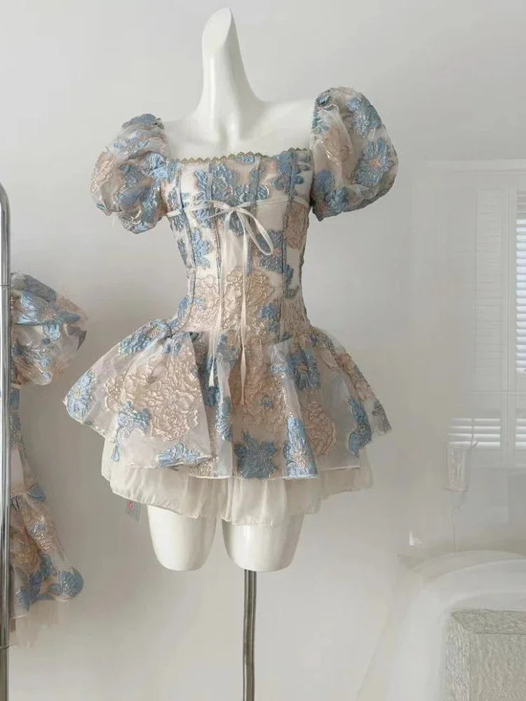 Square Neck Dress Women Boho Print Mini Dress Beach Style