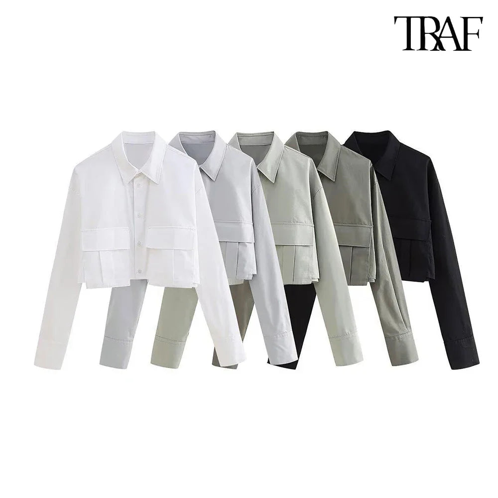 Women's Vintage Lapel Collar Patch Pocket Shirt Long Sleeve Single Breasted Casual Blouse Street Style Top