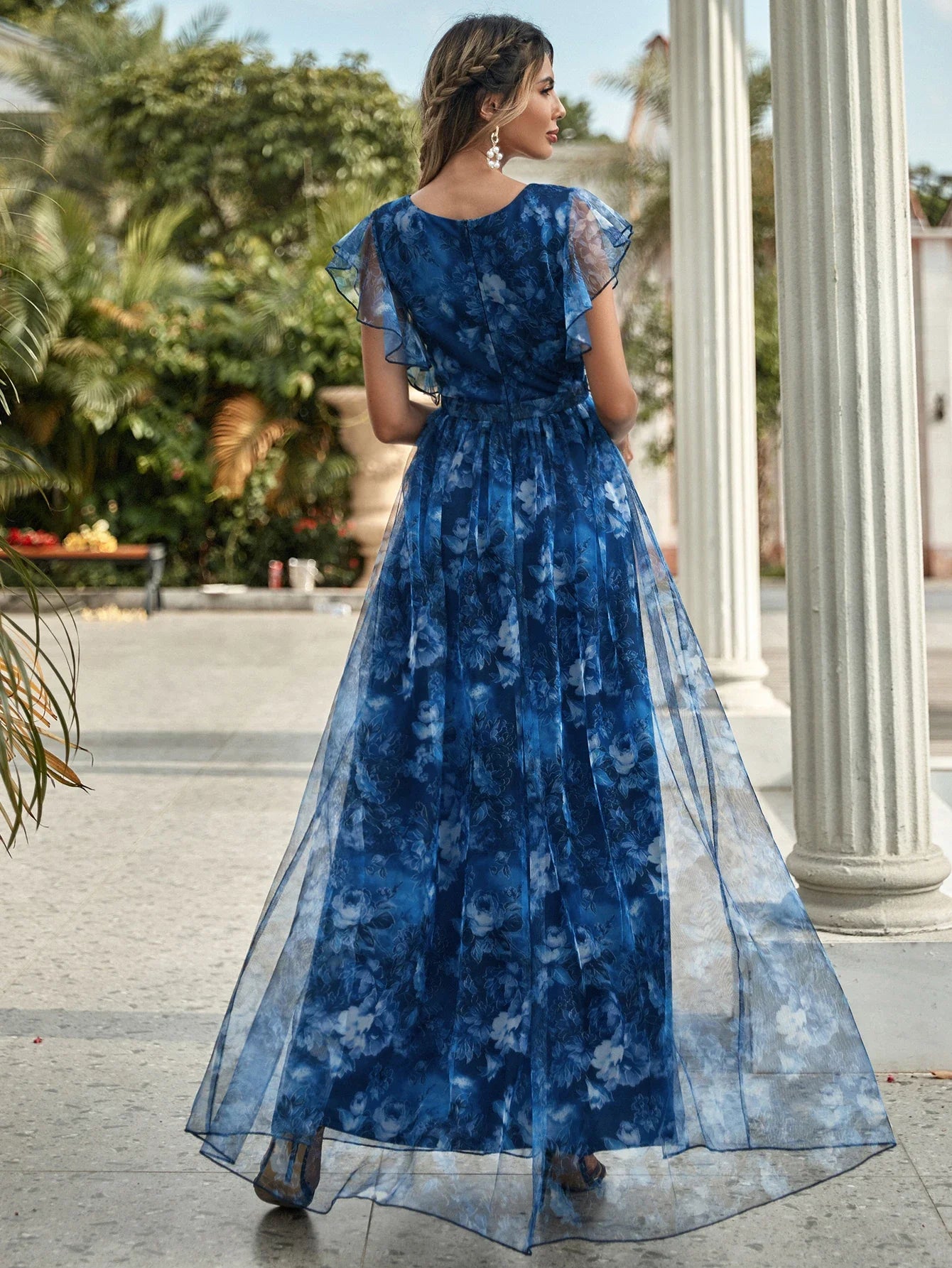 V Neck Lace Patchwork Evening Gown With Ruffled Sleeves