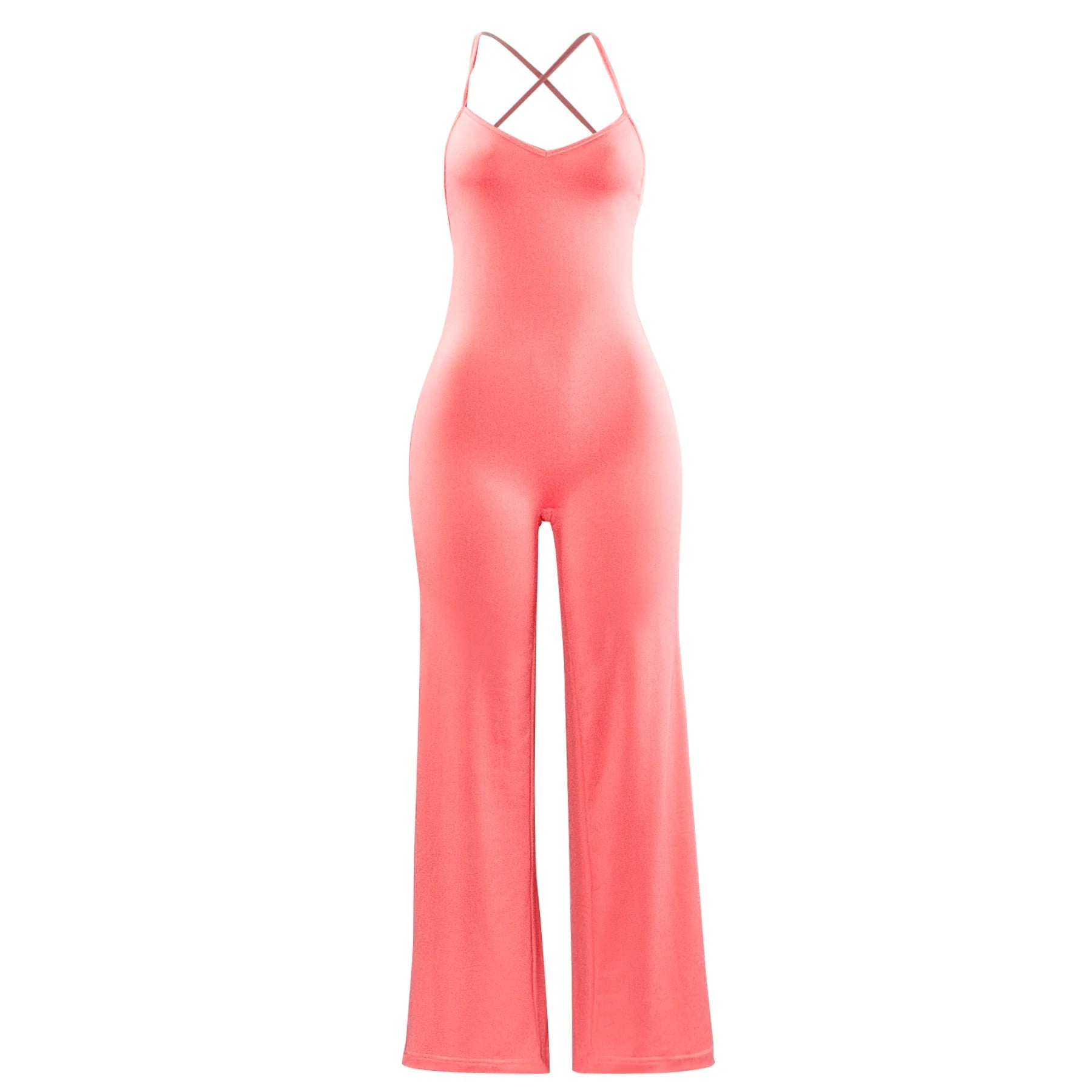 Women's Elegant Solid Color Retro V-Neck Halter Backless Sleeveless Wide Leg Loose Jumpsuit