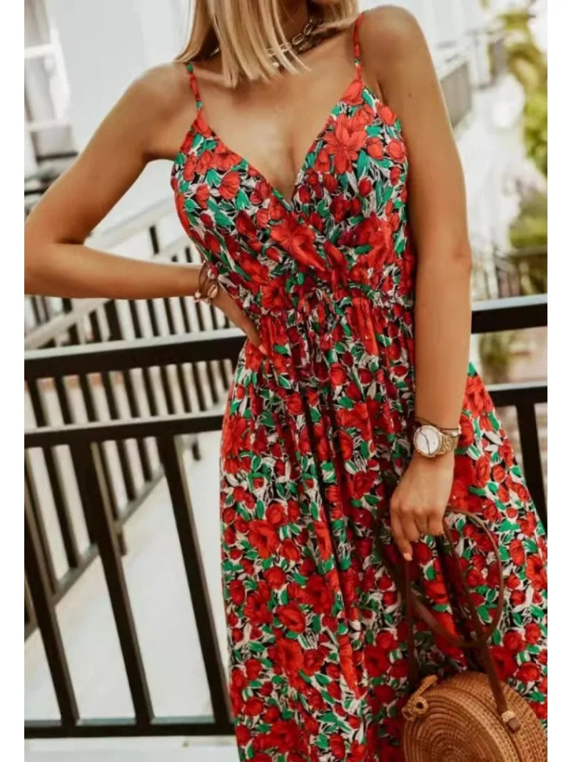 Bohemian Floral Chiffon Summer Dress With V Neckline