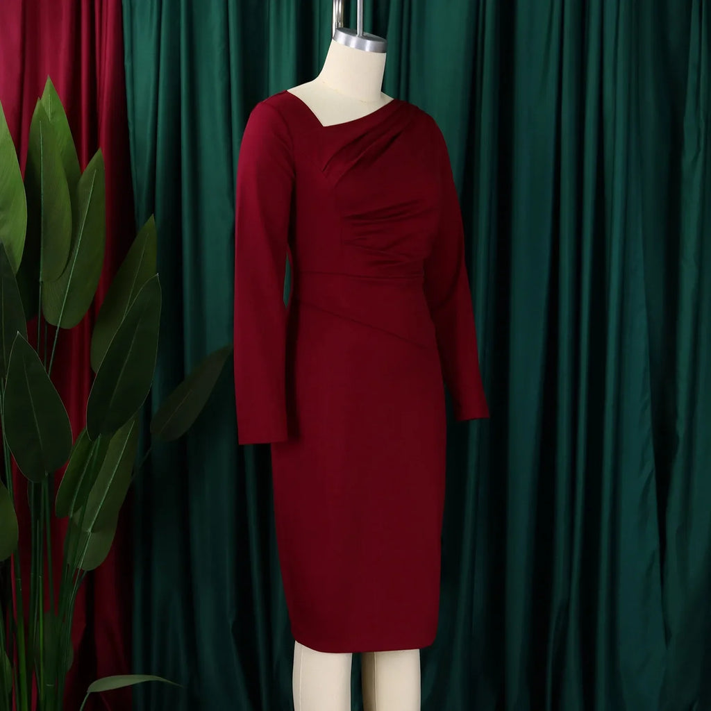 Professional Midi Office Dress for Women with Long Sleeves