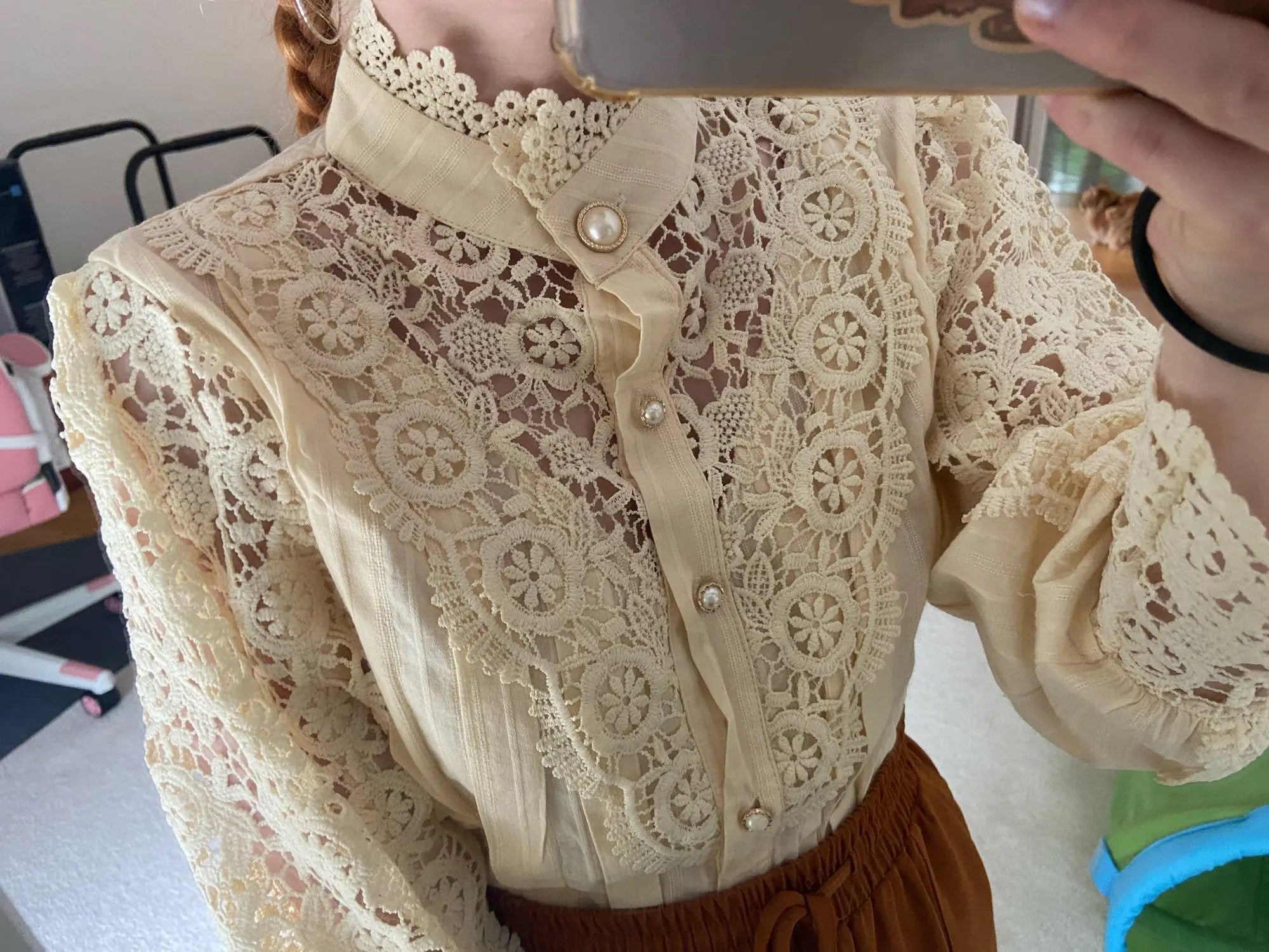 Elegant Hollow Out Long Sleeve Women Blouse with Petal Sleeves and Stand Collar, Stylish Office Shirt for Autumn Fashion