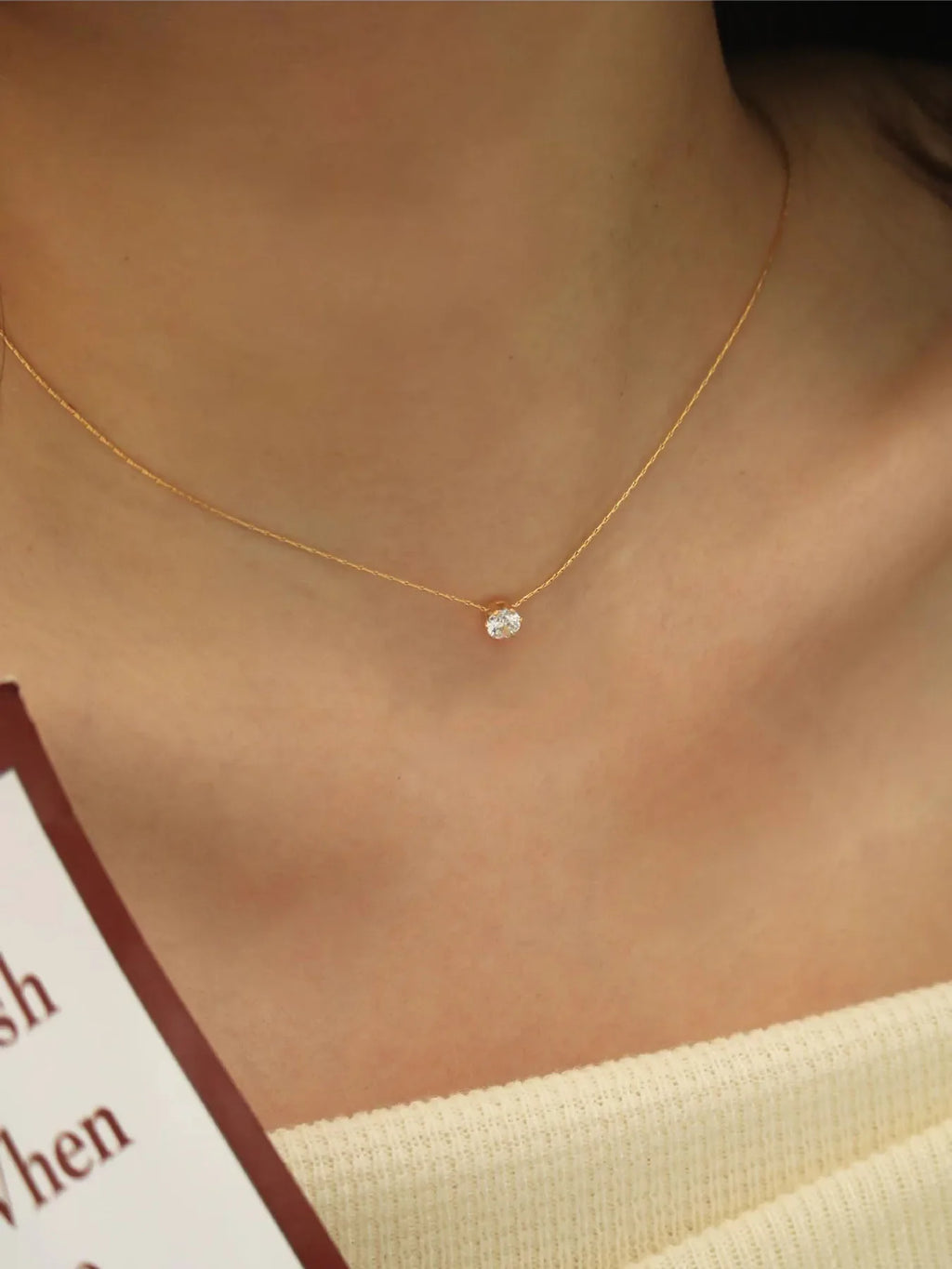 Dainty Minimalist Zircon Charm Necklace with Anti Tarnish Stainless Steel Chain and Round Clear CZ Stone