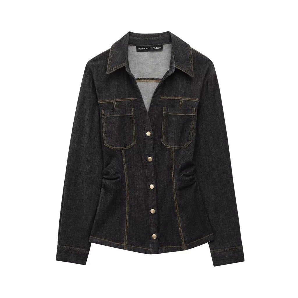 Women Black Denim Pants Set with Fitted Shirt and Patch Pockets Straight Leg Jeans Suit