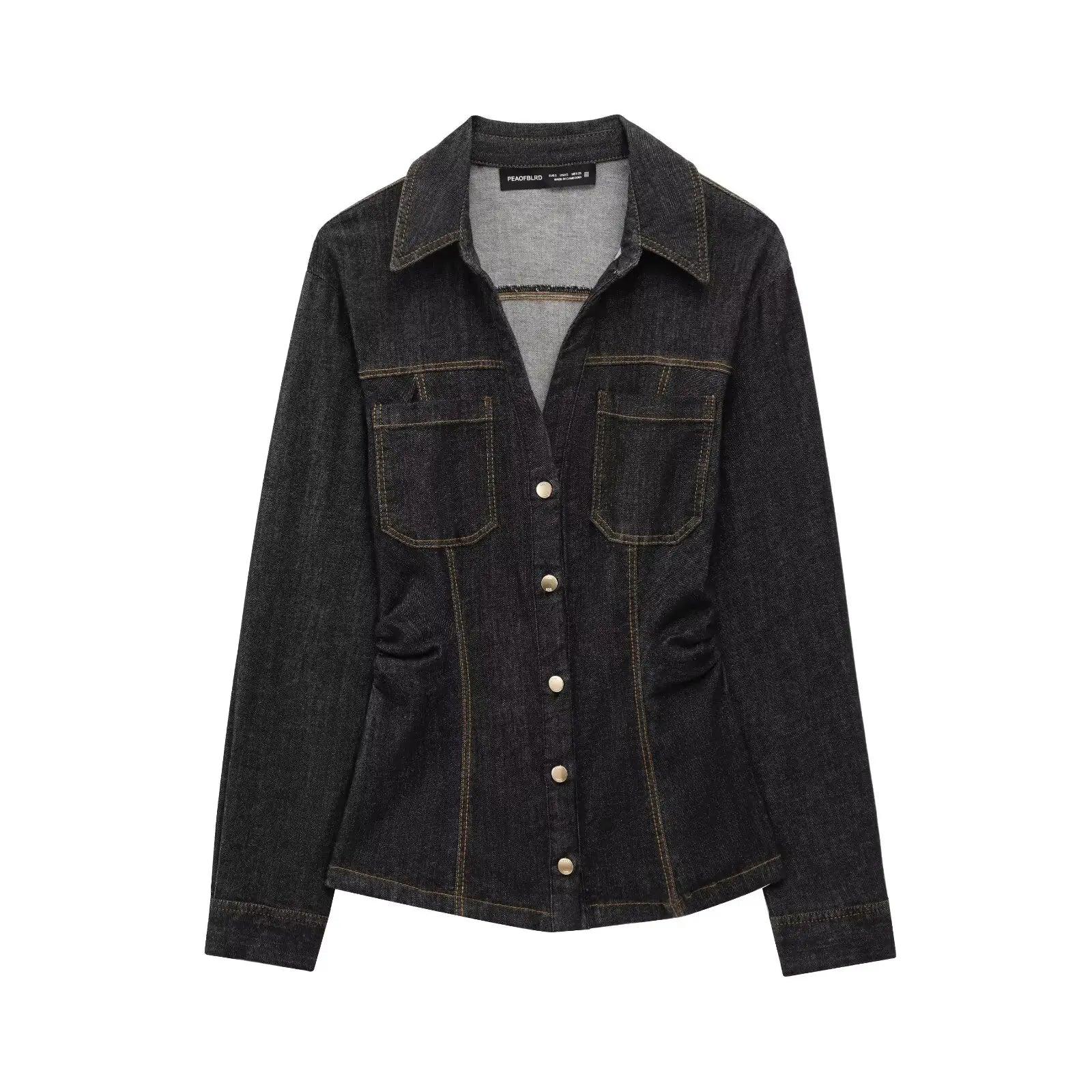 Women Black Denim Pants Set with Fitted Shirt and Patch Pockets Straight Leg Jeans Suit