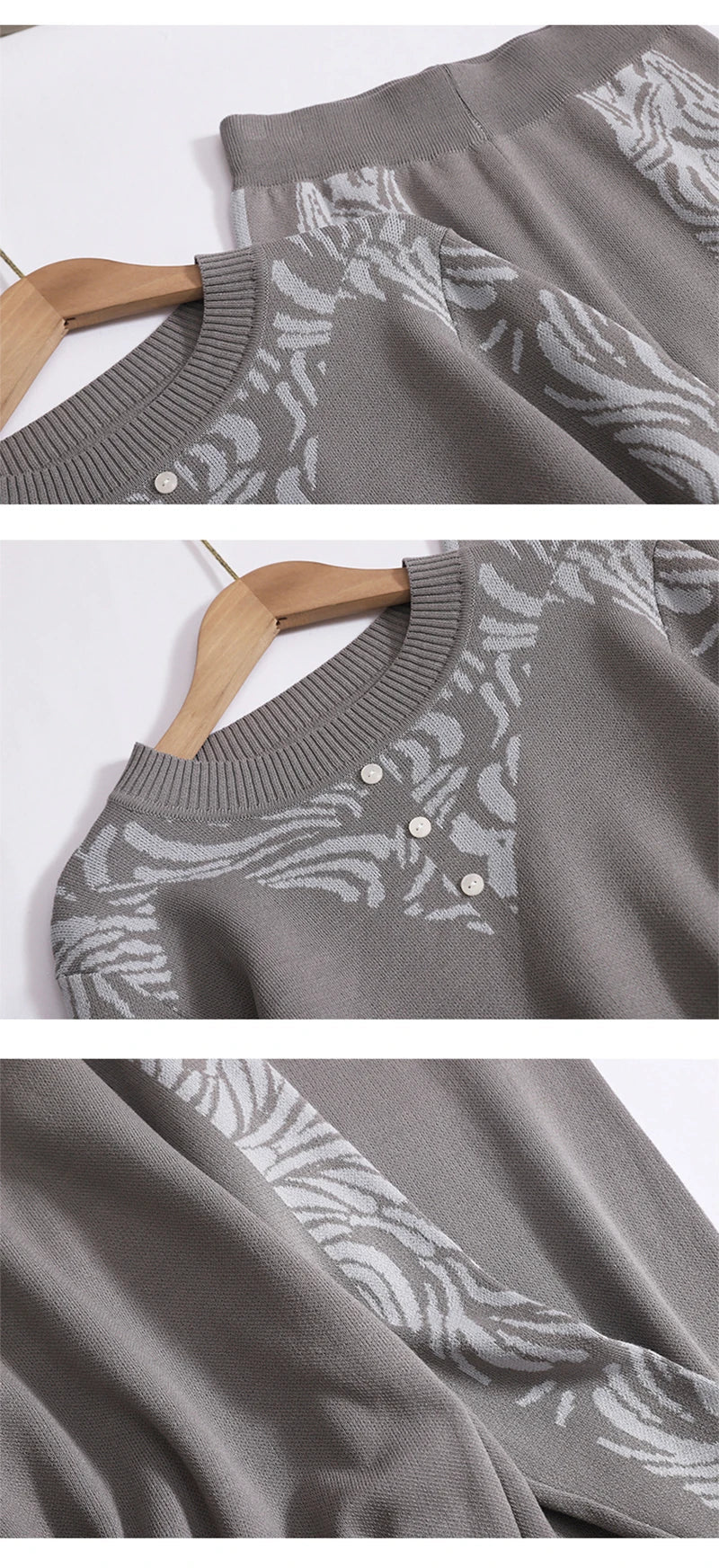 Women Casual Printed Two-Piece Knit Pullover and High Waist Wide Leg Pants Office Suit