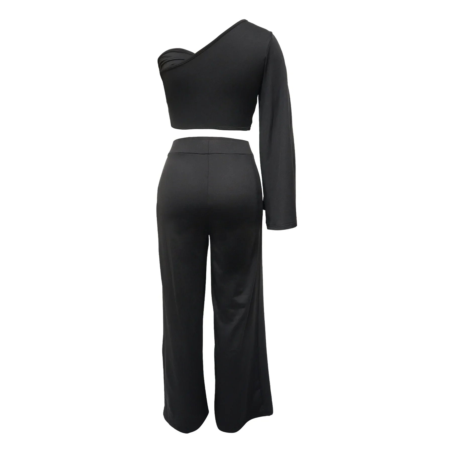Women's Ruched One Shoulder Sleeve Crop Top and Wide Leg Pants Two Piece Set Outfit