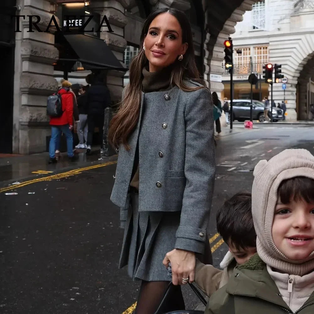 Double Breasted Epaulet O Neck Jacket with Chic Sashes and Pleated Mini Skirt Women's Streetwear Suit