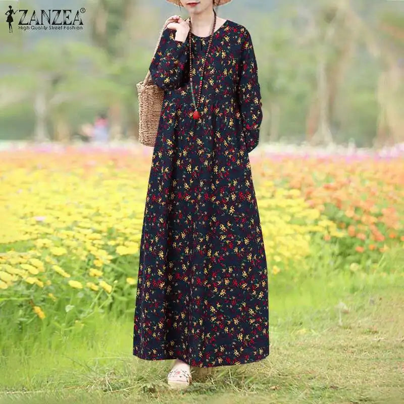Boho Floral Print Maxi Dress With Long Sleeves Casual