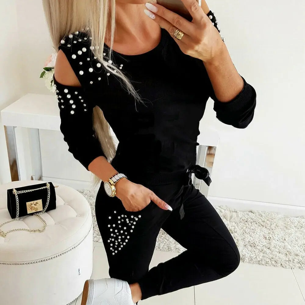 Off the Shoulder Sexy Stud Bead Solid Color Long Sleeve Sports Set