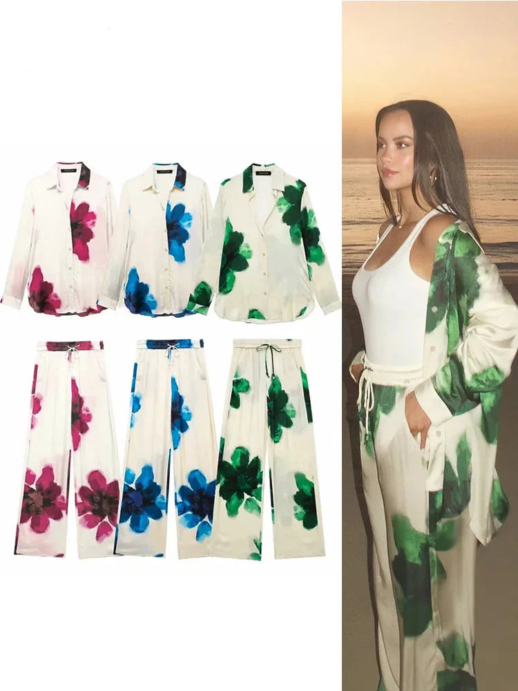 Floral Print Button-Up Shirt and Elastic Waist Wide Leg Pants Summer Set for Women