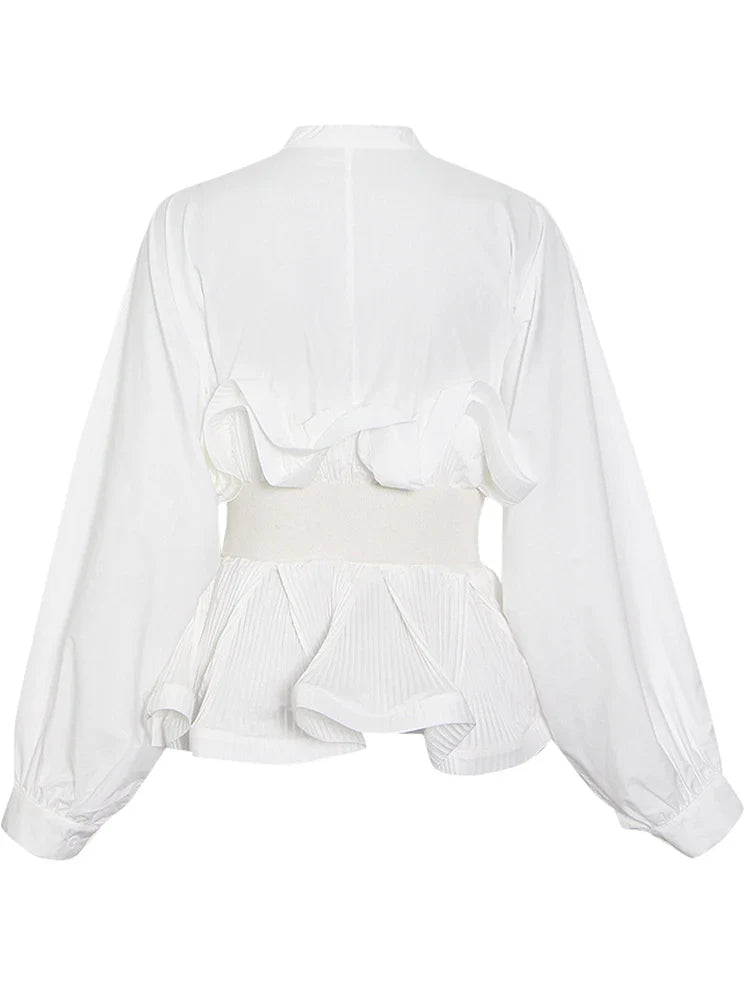 Solid Patchwork Belt Minimalist Women's Shirt Stand Collar Long Sleeve Tunic Spliced Ruffle Casual Blouse