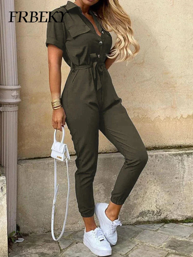 Casual Chic Overalls for Women Lapel Lace-Up Print Belted Work Jumpsuit One-Piece Bodysuit Elegant Long Sleeve Jumpsuit with Stylish Fit