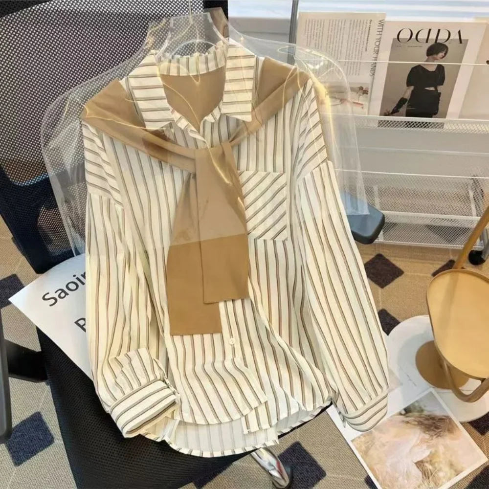 Sweet Stripe Print Long Sleeve Shirt with Layered Two-Piece Design Elegant Chic Blouse for Women