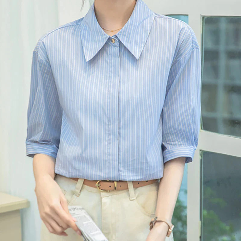 Women Casual Blue Stripe Short Sleeve Polo Collar Shirt Elegant Loose Office Blouse Single Breasted Summer Chic Top