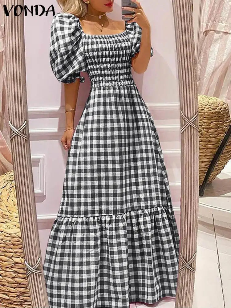 Boho Plaid Maxi Dress With Short Puff Sleeve For Summer