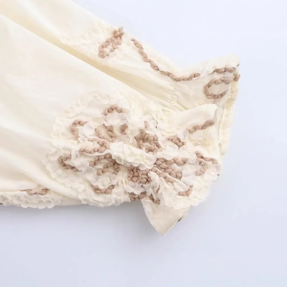 Womens Flower Embroidered Cropped Blouse Loose Tassel Lantern Sleeve Round Neck Chic Top